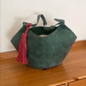 Portland Leather Green Leather Tote Bag with Red Tassel